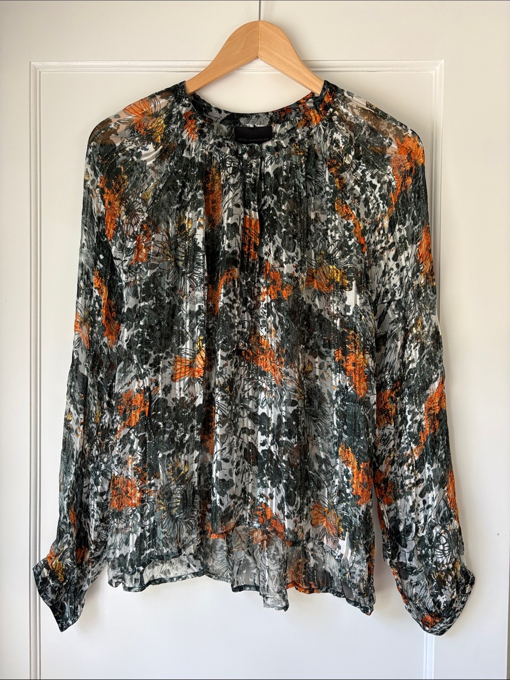 Sheer Long-Sleeve Floral Blouse in Green & Orange